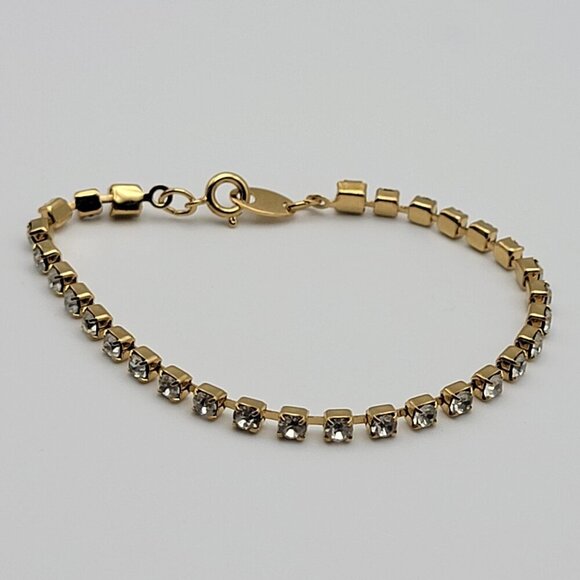 Vtg AVON Crystal Tennis Bracelet And Faux Pearl CAT Pin Set 7 In/ 1 In Gold Tone - Picture 1 of 11